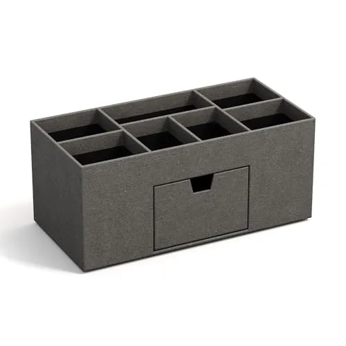 BIGSO VENDELA Schreibtisch Organizer mit 7 Fächern und Schublade – Ablagebox aus Faserplatte und Papier in Leinenoptik – Schreibtischset für Büromaterial – grau