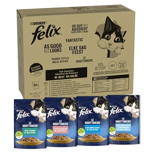 Purina Felix Leckerlis Nassfutter für Katzen mit Thunfisch, Lachs, Kabeljau, Kabeljau, 80 Beutel à 85 g