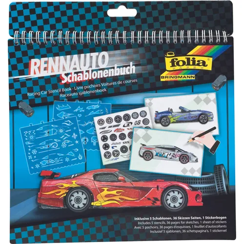 Folia Bringmann 41202 - Schablonenbuch Rennwagen, Block mit 36 Malvorlagen, 5 Schablonen und 1 Stick (41202)