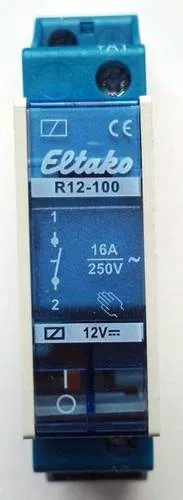 Eltako R12-100-12VDC Installationsrelais - 1-poliges 16A Relais für DIN-Schiene, ideal für präzise Steuerung in Elektroinstallationen, mit breitem Spannungsbereich von 12-230V AC/DC.