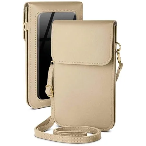 moex Handytasche zum Umhängen für Samsung Galaxy A12 – Kleine Handtasche mit Handyfach und Sichtfenster, 2 zusätzliche Fächer - Handy Umhängetasche Damen, Sandbeige