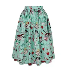 Hell Bunny A-Linien-Rock Tijuana Sugar Skull - Stylischer Rockabilly Tellerrock mit auffälligem Skull Tattoo Print. Aus 98% Baumwolle, maschinenwaschbar und in Größe XL erhältlich. Perfekt für modische Auftritte!