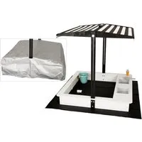 WONDERMAKE® Design Sandkasten mit Matschküche - Sandboxen mit Dach und 2 Wasserbecken, aus hochwertigem Fichtenholz, wasserdichter Abdeckung und Unkraut-Vlies für maximalen Spielspaß im Garten.