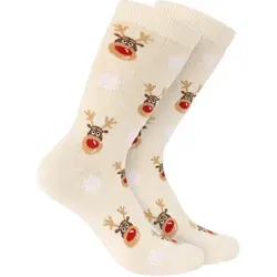 BRUBAKER Socken Weihnachtssocken für Damen und Herren (Rudolph, 1-Paar, 1 Paar) Festliche Weihnachtsmotive Rentiere - Baumwolle Socken Weihnachten beige EU 35-40