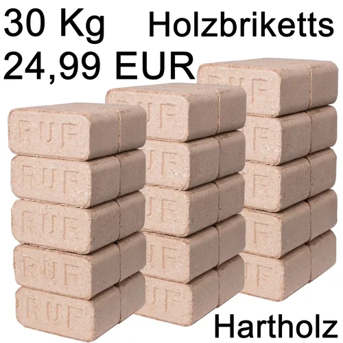 Hartholzbriketts 30kg RUF Eiche Buche Holzbriketts hoher Heizwert 19-20 MJ/KG!