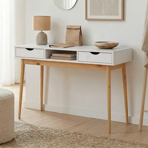 IDIMEX Schreibtisch STEFANO - Schreibtisch aus massivem Kiefernholz mit 2 Schubladen, ideal für ein stilvolles Home Office. In elegantem Weiß/Eiche-Design, bietet er Funktionalität und ansprechende Optik.