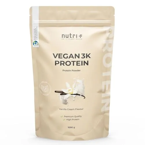 nutri+ Protein Pulver Vegan 3K - Vanille Creme, 1000 g - Veganer Proteinmix mit Soja- und Erbsenproteinisolat, ideal für Sportler. Schmeckt lecker nach Vanille Creme und unterstützt den Muskelaufbau.