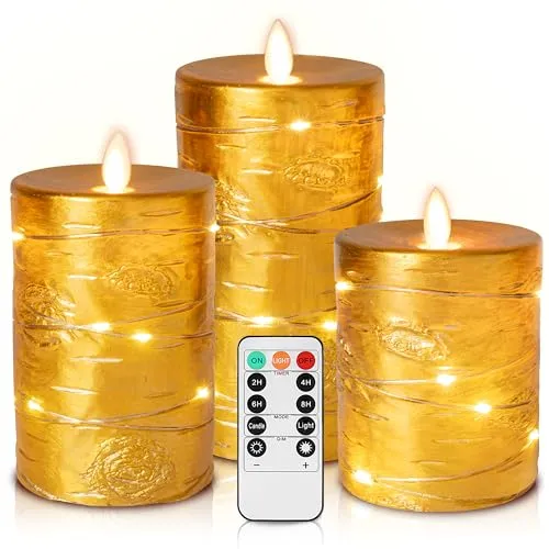 Da by 3 Stück Gold Paraffin LED Kerzen mit Kupferlichtkette, Realistische Flackerflamme, Batteriebetriebene Kerzen mit Fernbedienung, Wiederverwendbar für Fest- und Wohndekoration