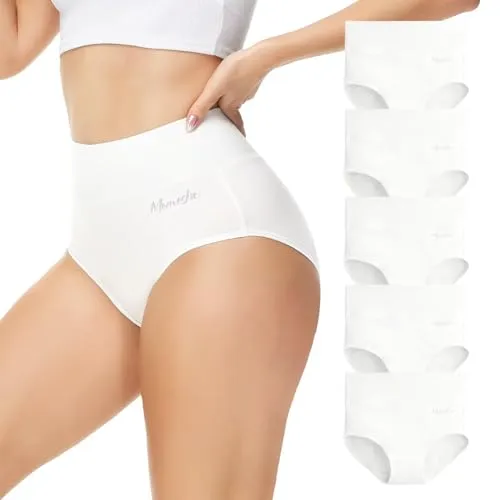 Momoshe Unterhosen Damen Baumwolle Unterwäsche Frauen High Waist Bauch Weg Unterhose Slip Atmungsaktiv Tanga Hohe Taille Weich Panties Weiß 5er Pack XL