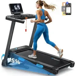 Klappbares Elektrisches Laufband bis 12 km/h - Laufband mit automatischer Steigung bis 15%, gelenkschonender Lauffläche und Bluetooth-Integration für interaktive Fitness-Features – ideal für Zuhause und Büro.