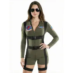 Maskworld Top Gun Romper - Damen Kostüm - Kostüm-Outfits für Erwachsene, kultiger 80er Jahre Bodysuit mit Reißverschluss und originalgetreuen Aufnähern, perfekt für Karneval oder Motto-Partys.