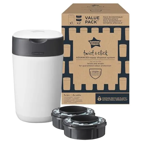 Tommee Tippee Twist and Click Advanced Windeleimer mit 2 Nachfüllkassetten - Der innovative Windeleimer bietet effektiven Schutz vor unangenehmen Gerüchen und Keimen. Mit einem großen Fassungsvermögen fasst er bis zu 33 Windeln und sorgt für weniger Entsorgungsaufwand. Ideal für stressfreies Windelwechseln!