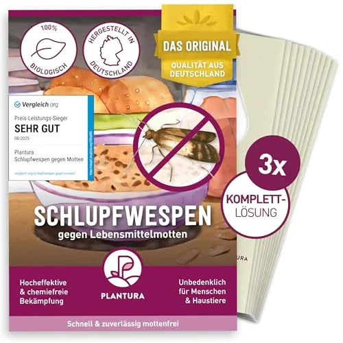 Plantura Schlupfwespen gegen Lebensmittelmotten, Komplett-Lösung mit 9 Karten (3 Karten à 3 Lieferungen) - hochwirksame & nachhaltige Bekämpfung, Alternative zu Mottenkugeln