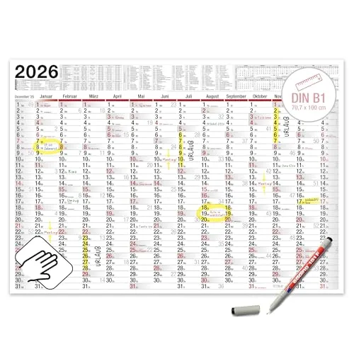 TOBJA XXL Wandkalender abwischbar 2026 - gerollter Versand inkl. Stift. | Großer Jahresplaner abwischbar Kalender 2026 | Größer als A1