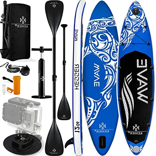 KESSER® Aufblasbares SUP Board Set - Premium Stand Up Paddle Board - Surfen & Kitesurfen: 6 Zoll dickes SUP Board mit Action Cam Halterung, Reparatur-Set und Anti-Rutsch-Belag für sicheres Paddeln, ideal für Anfänger und Fortgeschrittene.
