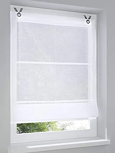 Ösen Raffrollo Kessy Bessy Weiss 45 * 140 cm - Raffrollo aus 65% Cotton und 35% Polyester, halbtransparent und waschbar bei 30°C. Einfache Montage ohne Schrauben: Einhängen, fertig! Ideal für dekorative Fenstergestaltung.