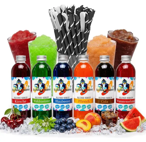 Sirup Partyset AZO FREI 6 x 250ml - Slushy Eis selber machen - Sirups für Slush, 6 Geschmacksrichtungen und 125 Papierstrohhalme, kein Zucker nötig! Ideal für erfrischende Sommerpartys und kinderfreundliche Getränke.