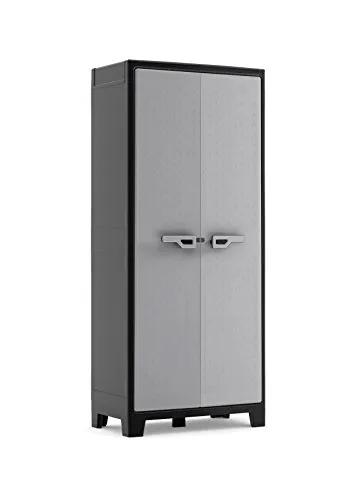 Keter Titan Kunststoffschrank, hoch, schwarz/grau, 80 x 44 x 182 cm - Bürostühle: Wetterfest und robust mit 4 höhenverstellbaren Einlegeböden (je 30kg Tragkraft), ideal für drinnen und draußen, nachhaltig aus 70% recycelten Materialien.