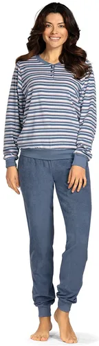 Damen Schlafanzug COMTESSA 2-teilig Pyjama lang Frottee Baumwolle denim Gr.38 - Bequemer 2-teiliges Schlafanzug-Set für Damen in Größe 38, aus hochwertiger Baumwollmischung. Ideal für alle Jahreszeiten, mit gestreiftem Muster und Knopfleiste für zusätzlichen Komfort.