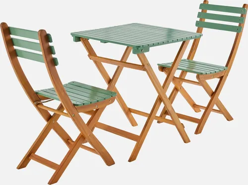 sweeek Hilora Gartentisch mit 2 Klappstühlen aus Akazienholz - Esstisch mit quadratischem Tisch und platzsparenden Klappstühlen, ideal für Garten und Terrasse.