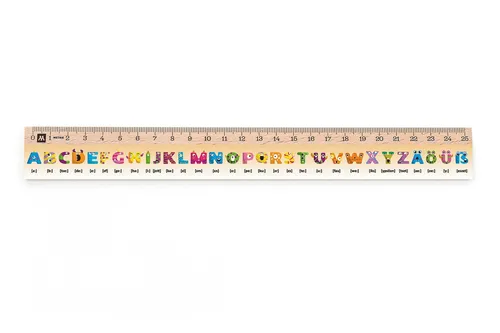 Metrie, Didakt-M07 Holzlineal, bedrucktes Deutsches Alphabet, 25 cm