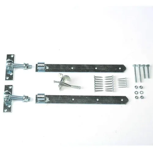 Gartentor-Set mit verstellbaren Torbändern und Gartentorfalle - Hochwertige Torbeschläge aus verzinktem Eisen für langlebige Nutzung, ideal für die sichere und flexible Befestigung von Gartentoren.