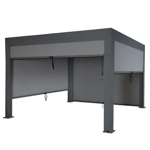 Mendler Pergola HWC-L46 mit Seitenwand - Pavillon mit drehbarem Lamellendach, sturmfest bis 100 km/h und integriertem Regenschutz für perfekten Komfort im Garten.