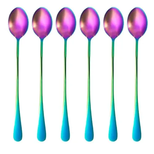 Intirilife 6er Set Löffel aus Edelstahl in Regenbogenfarben - 19 cm Länge - Eislöffel mit langem Stiel Dessertlöffel für Kaffee Latte Macchiato Longdrinks Cocktails Eistee