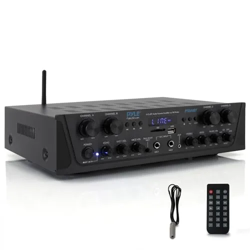 Pyle 500W- Bluetooth Verstärker, Mini Verstärker, Amplifier, Stereo Receiver- 4 Kanal AUX, FM- Radio, RCA- Subwoofer, USB, Mic- Eingang mit Echo, Audio Verstärker- Perfekt für Heimkino & Studio
