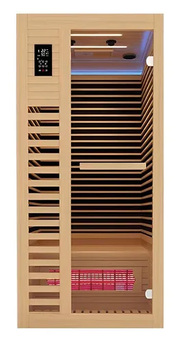 Infrarot-Sauna für 1 Person – Vollspektrum und niedriges EMF - Moderne Infrarot-Wärmekabine für entspannende Momente. Hergestellt aus hochwertigem Massivholz, bietet sie eine kompakte Größe und einfache Montage für Ihr Zuhause.