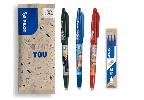 PILOT x ONE PIECE - 3er-Set Frixion Ball, Schwarz, Blau, Rot + 1 Set mit 3 Blauen Minen + 4 Sticker - Radierbare Stifte - Limitierte Auflage One Piece - Wiederbefüllbare Rollerball - Mittlere Spitze
