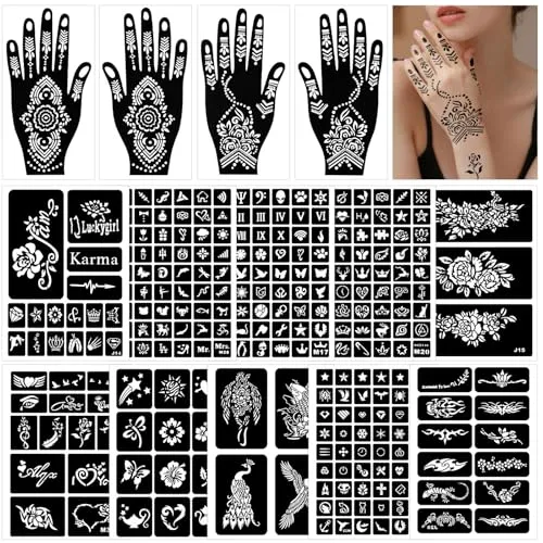 Henna Schablonen,10 Blätter Temporäre Henna Tattoo Schablonen,Verschiedene Größen Henna Tattoo set Zubehör Temporäre Tattoos DIY Körperkunst 281