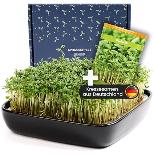 Otaro Kresse Anzuchtschalen inkl. Kressesamen (Schwarz) - Pflanzenschalen mit allem, was du brauchst: Kresse, Edelstahlsieb, Keramikschale und Anzuchtbuch. Ideal als stilvolles Geschenk für Gärtner und Küchenliebhaber.