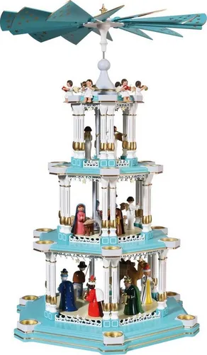 Richard Glaesser Weihnachtspyramide türkis mit Heiliger Familie - Elegante 3-stöckige Pyramide aus Holz für Teelichte, handgefertigt im Erzgebirge. Ideal für stimmungsvolle Weihnachtsdekoration im Innenbereich.