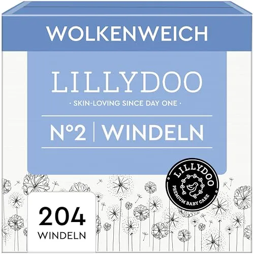 LILLYDOO hautfreundliche Baby Windeln - Größe 2 (4+ kg), Monatsbox (204 Stück), Sicherer Auslaufschutz, Weich, Ohne Parfüme & Lotionen für empfindliche Haut, Dermatologisch getestet