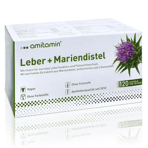 amitamin Leber + Mariendistel Komplex | Hochdosierte Kapseln für die Leberfunktion - Pflanzliches Ergänzungsmittel mit 250 mg Mariendistel und Cholin zur Unterstützung des Fettstoffwechsels. Vegan, ohne unerwünschte Zusätze und hygienisch verpackt.