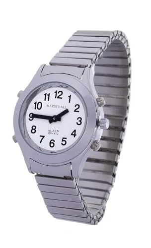 Marschall Deutsch sprechende Damen Armbanduhr I D-SM I Für Blinde, Senioren und Sehbehinderte I Komplette Datumsansage I Extra große Zeiger I Silberfarben mit Metall-Zugarmband