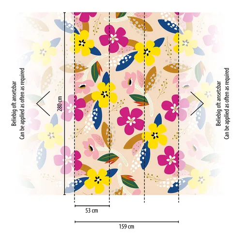 Fototapete Blumen Retro Blätter Punkte Beige Rosa Gelb - Vintage/Retro Tapete mit floralem Muster, abziehbar und hoch waschbeständig – ideal für jeden Raum und sorgt für eine gemütliche Atmosphäre.