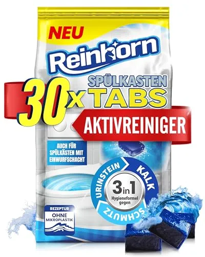 Reinhorn Spülkasten Tabs 3in1 - Aktivreiniger für WC - WC-Reiniger mit 3in1 Funktion: Entkalker, Urinstein Entferner und Biofilm Blocker. 30 Tabs im praktischen Vorteilsbeutel für eine gründliche Reinigung und Pflege Ihres Spülkastens.