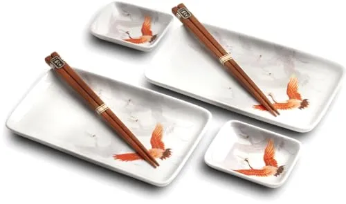 WestCraft Sushiteller Set - 6-teiliges Sushi Geschirr für 2 Personen - Sushi Geschirr Set im eleganten Kranich Design, ideal für asiatische Dinner und Partys, spülmaschinen- und ofenfest aus hochwertigem Porzellan.