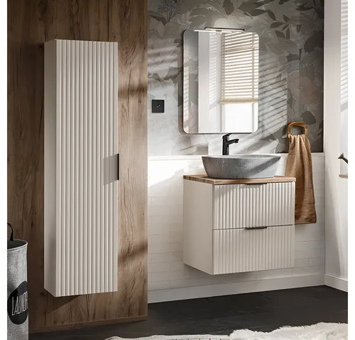 Lomadox Badmöbel-Set ADELAIDE-56-CASHMERE – Eleganz für Ihr Badezimmer - Stilvolles Badmöbel Set in Kaschmir und Eiche mit gerillter Front. Inklusive Hochschrank, Doppelwaschtisch und LED-Spiegel für eine moderne Badgestaltung.