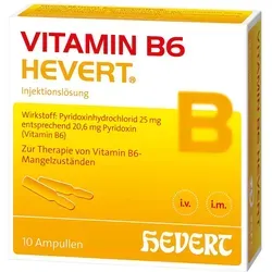 Vitamin B6 Hevert Ampullen - 25 mg - Nahrungsergänzungsmittel zur Behandlung von Vitamin B6-Mangel, ideal für Patienten, bei denen eine orale Einnahme nicht möglich ist.