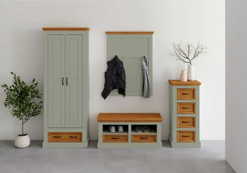 Garderobenschrank OTTO HOME "Selma" – Salbeigrün, B:70cm H:185cm T:40cm - Eleganter Kleiderschrank aus Massivholz in salbeigrün, ideal für stilvolle Aufbewahrung. Mit 2 Türen, 1 Schublade und 1 Einlegeboden bietet er viel Platz für Ihre Kleidung.
