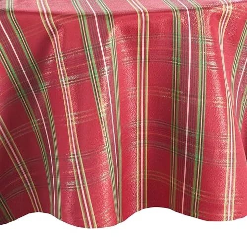 Elrene Home Fashions Shimmering Plaid Holiday Tablecloth, 70" Round, Red