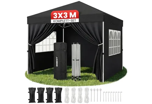 Onbest Pavillon Partyzelt Faltpavillon 3x3 m - Schneller Aufbau - Robuster Faltpavillon mit patentiertem Quick-Up Design für einfachen Aufbau in nur 1 Minute. Ideal für Gartenpartys, Festivals und Camping. 100% wasserdicht und UV50+ für optimalen Schutz.