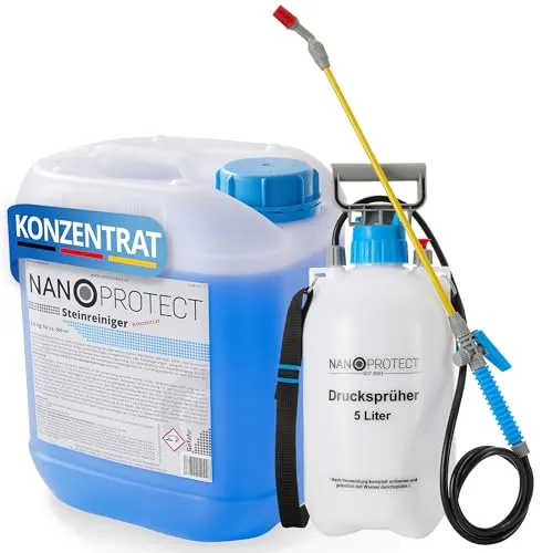 Nanoprotect Steinreiniger Konzentrat 5 kg mit Drucksprüher - Effektiver Steinreiniger für Außenanlagen, entfernt zuverlässig Fett, Schmutz und Ruß - ideal für Haus, Hof und Garten. Set beinhaltet 5 kg Konzentrat und 5L Drucksprüher.