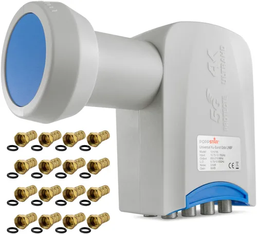 Poppstar Octo LNB mit 16 vergoldeten F-Steckern - Sat-LNB mit 8 Ausgängen, ideal für FullHD, 4k UHD und 3D Empfang, inklusive 16 F-Steckern für optimale Signalübertragung.