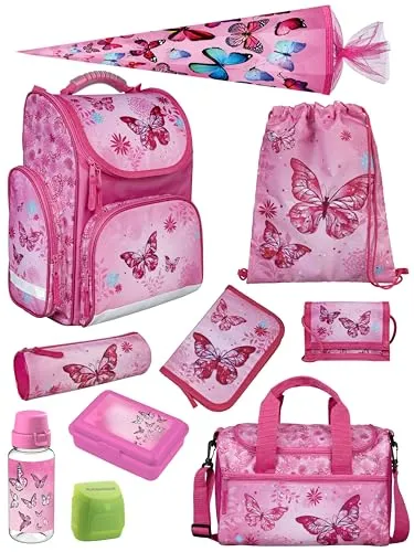 Familando Schulranzen 1. Klasse - Ergonomischer Tornister mit Schultüte und Butterfly Design - Schultaschen-Set für Jungen und Mädchen, leicht (nur 930g) und ergonomisch, inklusive Schultüte und Zubehör für den perfekten Schulstart.