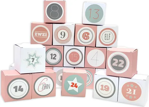 Frau WUNDERVoll® DIY Adventskalender Vorfreude zum Befüllen, Faltschachteln 12x rosa 12x weiß 7x7x7cm (gefaltet), XL Ziffern pastell/Weihnachten, Aufkleber, Würfelbox, Faltverpackung, Schachteln