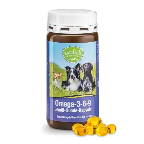 tierlieb Omega-3-6-9-Leinöl-Kapseln für Hunde - 119 g - Ergänzungsfuttermittel für Hunde. Diese Kapseln sind reich an wertvollen ungesättigten Fettsäuren und fördern das Wohlbefinden Ihres Hundes. Ideal für eine gesunde Haut und ein glänzendes Fell.